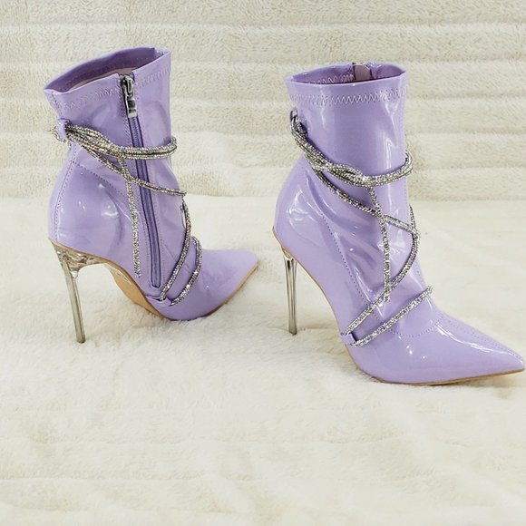 Lilac Purple Stretch Patent High Heel Ankle Boots with Rhinestone Straps - Picture 7 of 14